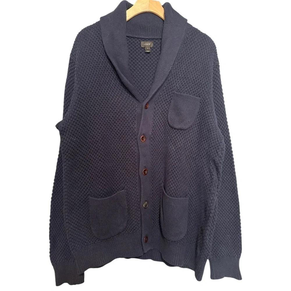 J. Crew Men’s L Navy Blue Cotton Checkered Stitch Shawl Neck Sweater Cardigan
